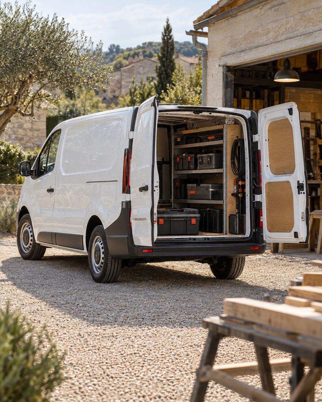 Utilitaire d’artisan avec portes arrière ouvertes et rangements pour ses outils