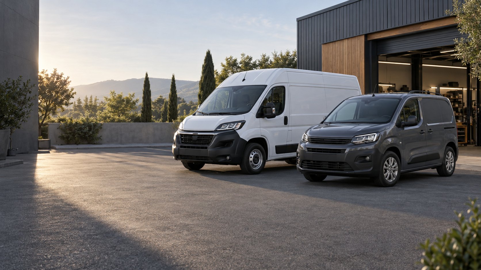 Un grand fourgon blanc et un utilitaire compact gris devant un atelier